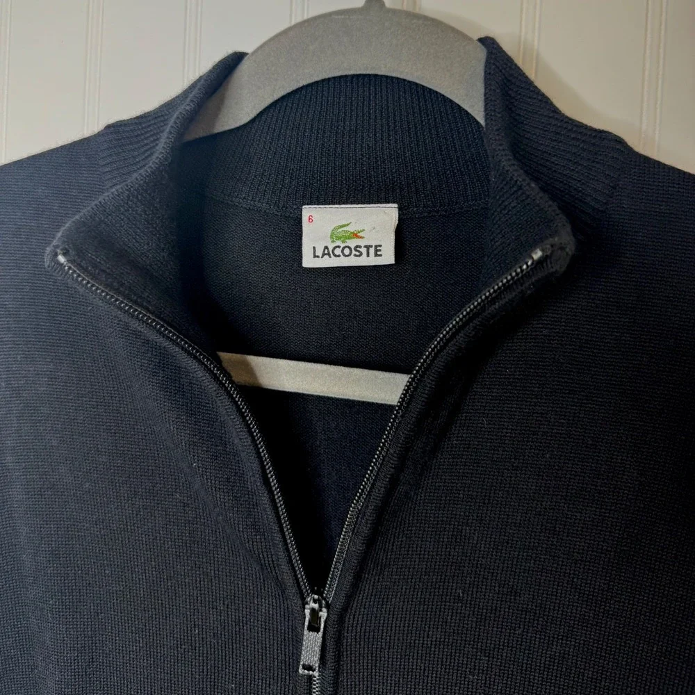 90's Lacoste Double Zip Sweater Black Wool Mock Neck Cardigan Men's Size 6 XL
